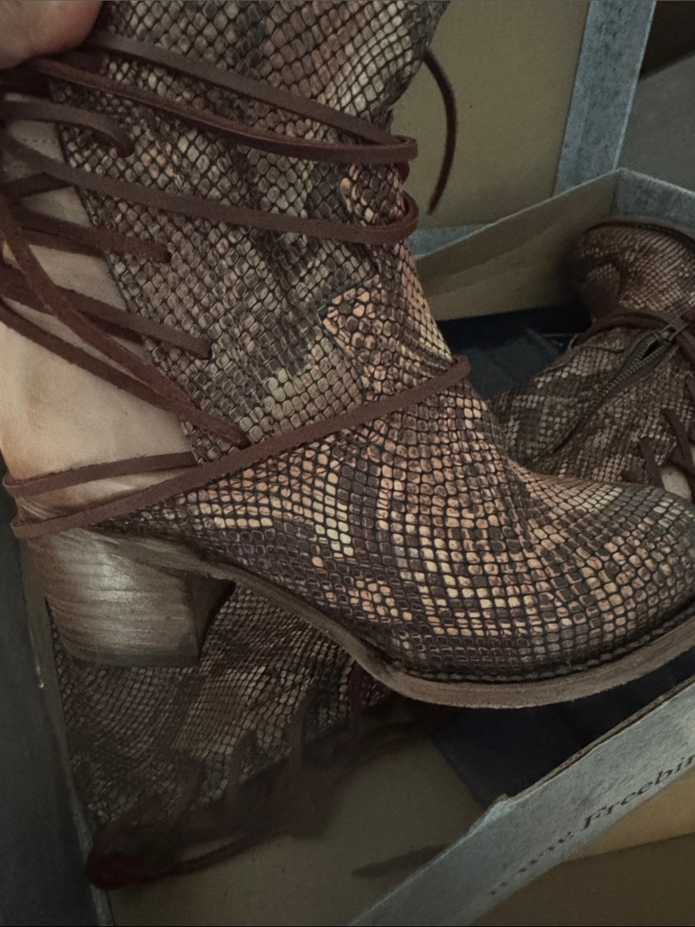 Freebird lace-Up Snake Print Brown Women’s Heeled Boots - Picture 2 of 5
